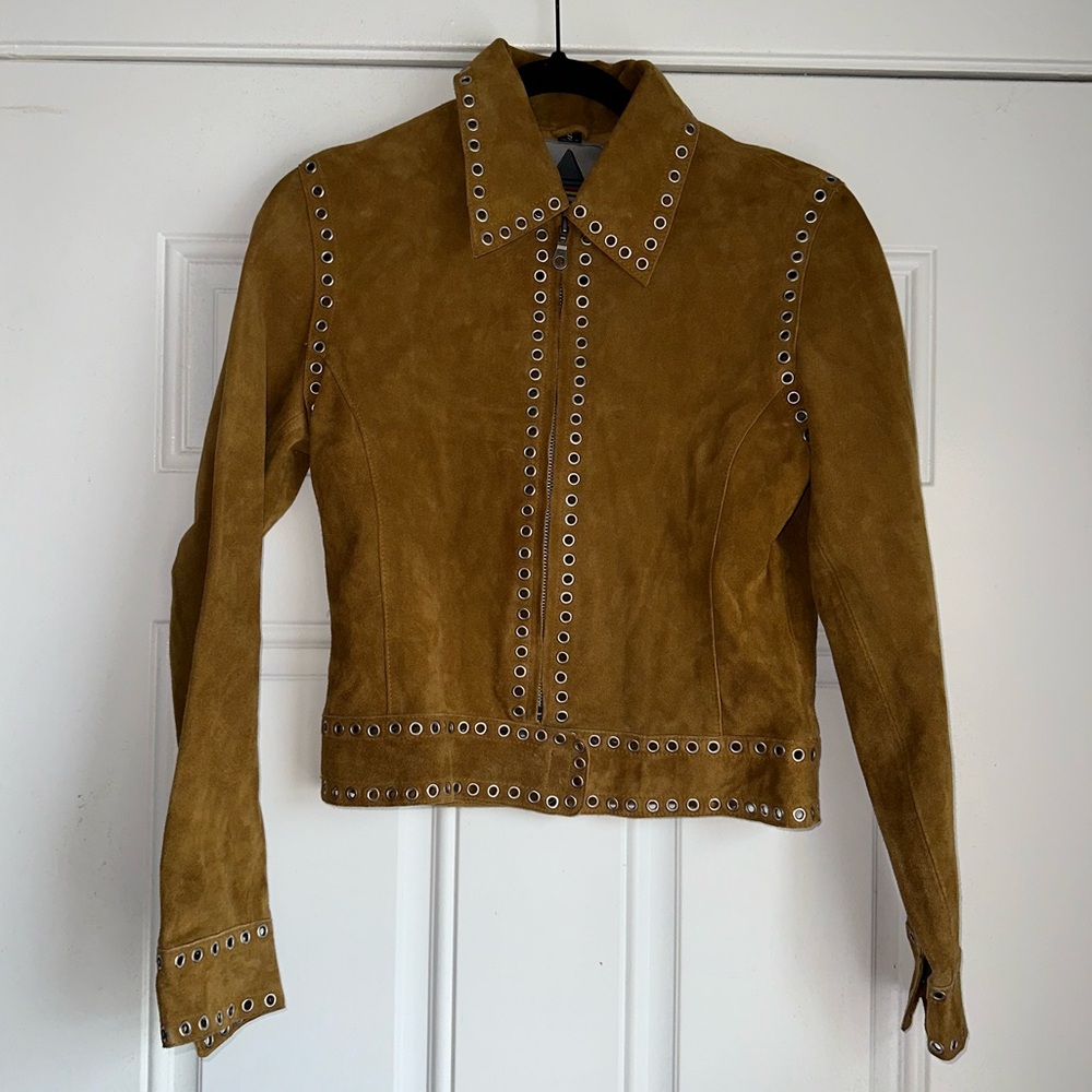 ALDO SIZE S GENUINE REAL LEATHER SUEDE CAMEL BROWN STUDDED JACKET vintage